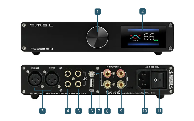 SMSL AO200 MKII Amplificateur Class D 2x MA5332MS Symétrique Bluetooth 5.0 Subwoofer 2x160W 4 Ohm